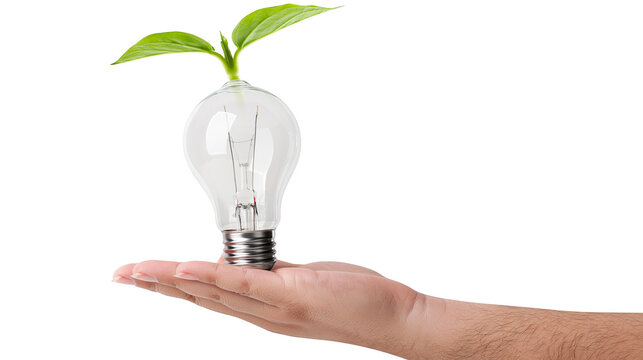 Hand holding light bulb with green sprout growing