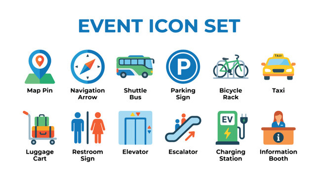 Event Icon Set with Transportation and Facilities