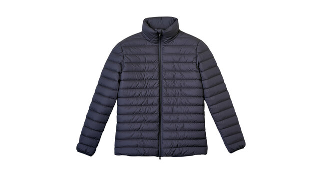Dark blue quilted puffer jacket with zipper and stand-up collar