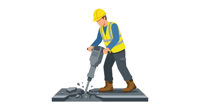Construction worker using jackhammer on pavement surface.