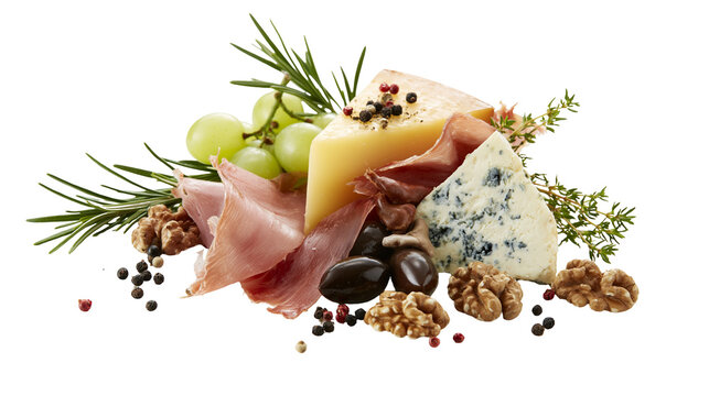 Gourmet cheese platter with prosciutto grapes olives walnuts, and herbs