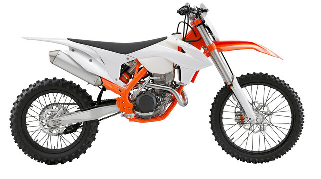 White and orange dirt bike motorcycle with knobby tires
