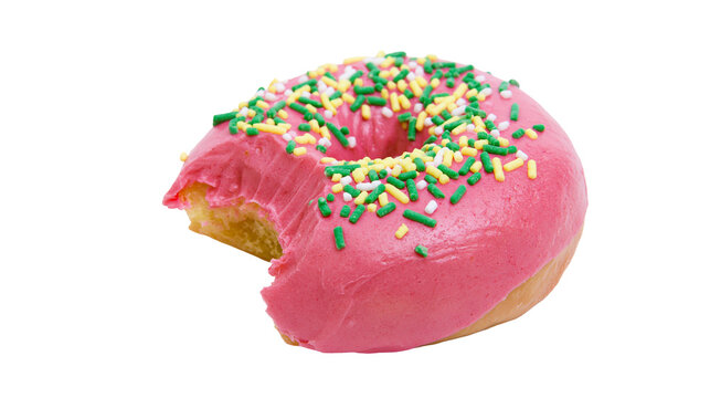 Pink frosted donut with colorful sprinkles, bite taken