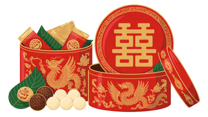 Colorful chinese new year celebration illustration with red envelopes, double happiness symbol, and gold coins © MSTSHOHAGi