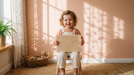 Fototapeta premium Child sits on a wooden stool holding a blank wooden board against a warm peach colored wall.
