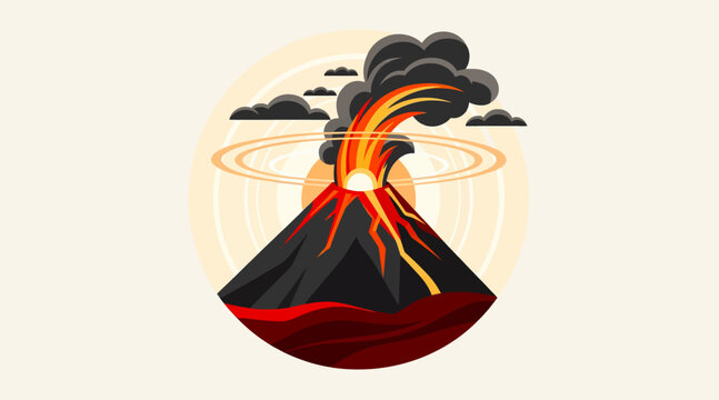 Erupting volcano with glowing lava and ash clouds.