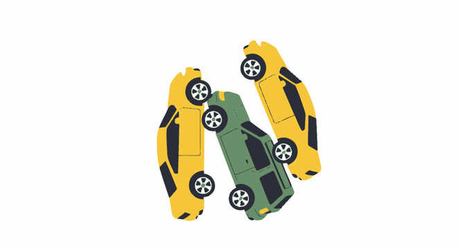 Three colorful cars arranged in a circular pattern.