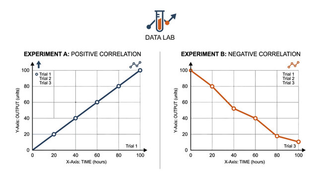 Graphs illustrating positive and negative correlation experiment results.