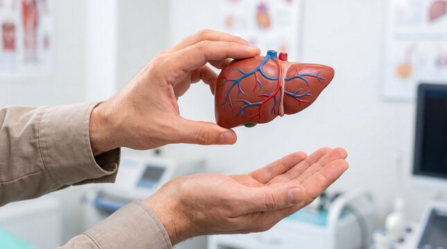 Hands holding 3d model of human liver with blood vessels