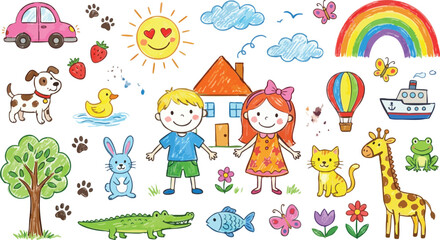 Fototapeta premium Children's Illustration Collection With Animals And Objects, Vector Style