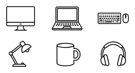 Fototapeta premium Computer and office objects icons, outline solid styles, UI and web interface design