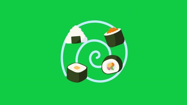 Animated Seamless Loop of Sushi and Onigiri Circling, 2D Vector Motion Graphic on Green Screen