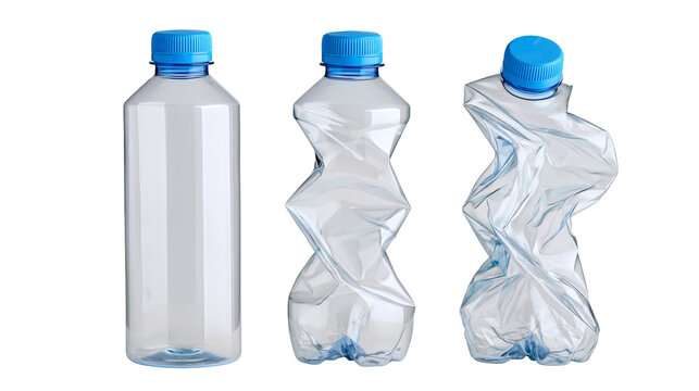 Plastic water bottles showing different stages of crushing