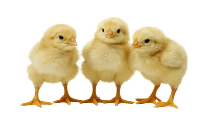 Fototapeta premium Three fluffy yellow chicks standing together