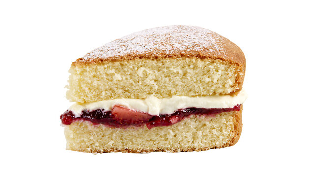 Victoria sponge cake slice with cream and strawberry jam