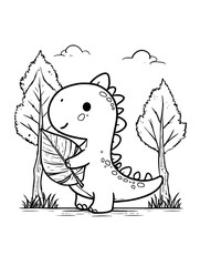 Fototapeta premium cute baby dinosaur holding a big leaf, smiling, two simple trees, grass, toddler coloring book page, bold thick outline, simple black and white line art