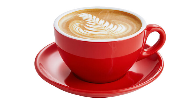 Red coffee cup with latte art and saucer