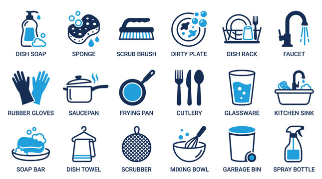Kitchen cleaning icons set, 18 dishwashing and housework vector elements, blue and navy dish soap and kitchenware symbols for domestic chores