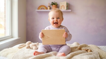 Fototapeta premium Toddler sits on a soft blanket while holding a wooden board for custom messaging.