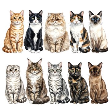Twelve Beautiful Cats of Different Breeds Sitting Together.