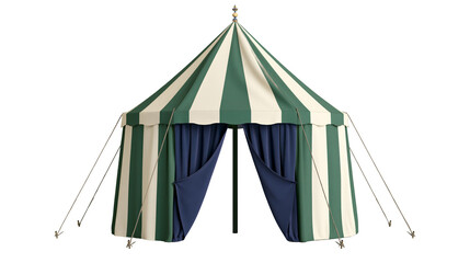Striped green and white circus tent with blue curtains © Vetle