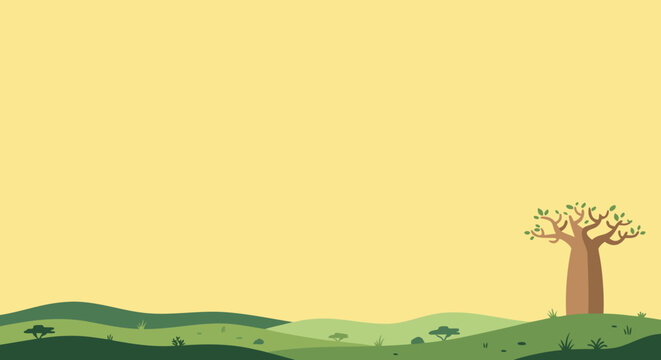 Vector illustration of a serene landscape in Ghana celebrating Republic Day with a traditional baobab tree under a soft golden horizon