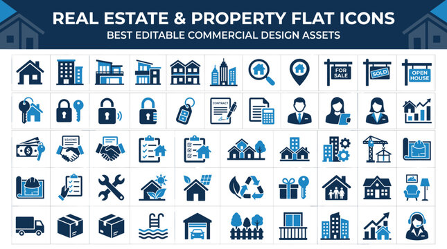 Real estate and property flat icons set, professional blue housing symbols for commercial design, 50 editable vector mortgage and home icons