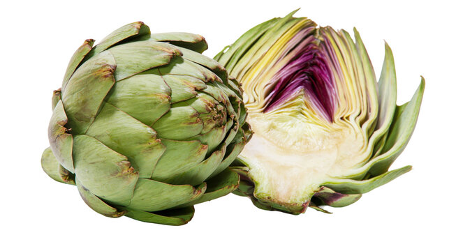 Whole and halved globe artichoke with purple inner leaves