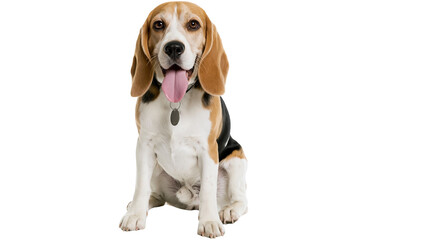 Beagle dog sitting with tongue out, tri-color coat © Femke