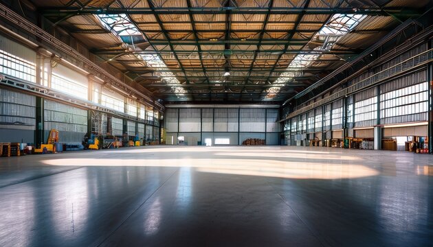 empty factory or industrial warehouse facility interior hanger or workshop building as huge stage space