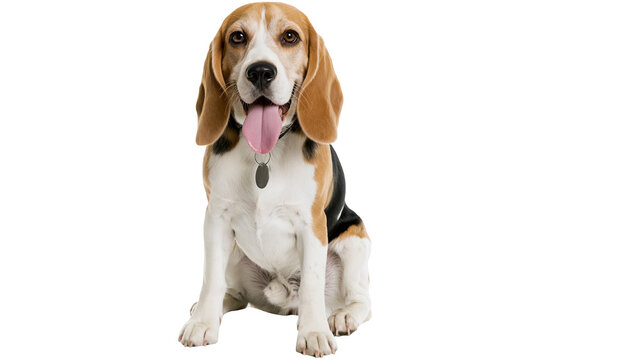 Beagle dog sitting with tongue out, tri-color coat