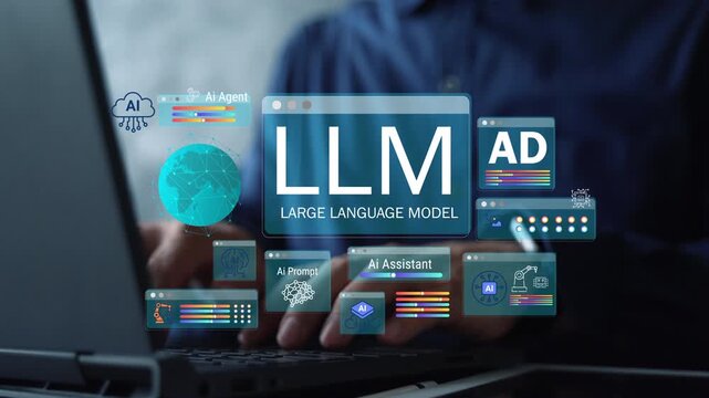 Hands typing on a laptop with LLM, AI assistant and digital advertising panels, symbolizing automation, prompt tools, data analysis and business productivity.