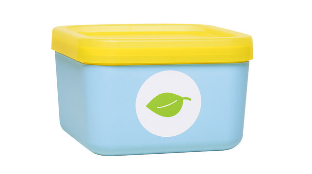 Light blue plastic container with yellow lid and green leaf symbol