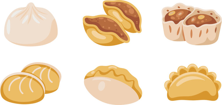 Dumplings vector collection containing traditional Chinese baozi, steamed dim sum, savory gyoza, and opened wonton dough wrappers, Asian restaurant menu food graphics.