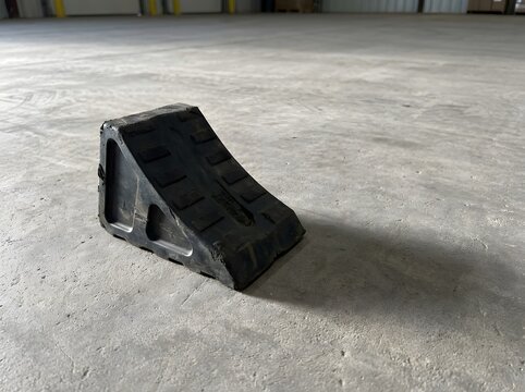 Black rubber wheel chock placed on concrete floor with subtle shadow during daytime industrial setting