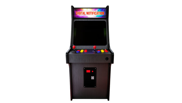 Vintage arcade game cabinet with joysticks and colorful buttons