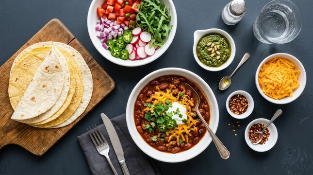 Overhead view of a delicious chili bar with various toppings and tortillas.