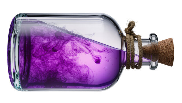 Glass potion bottle with swirling purple liquid and cork stopper, isolated on transparent background