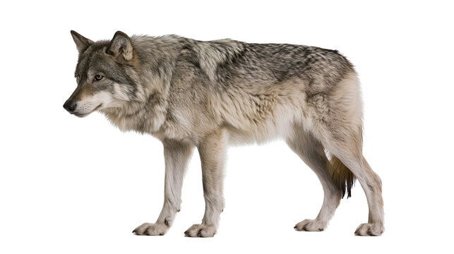 Gray wolf standing profile view on white