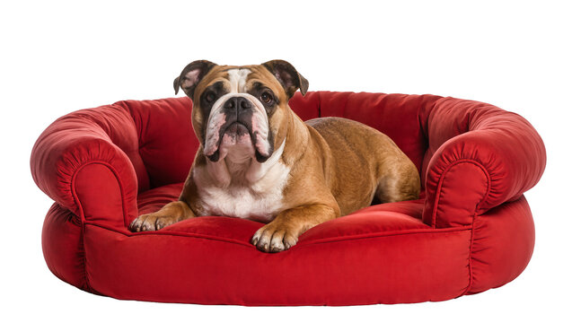 English Bulldog resting on a plush red dog bed
