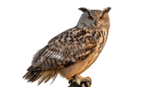 Eurasian eagle owl with bright orange eyes detailed feathers, isolated on transparent background