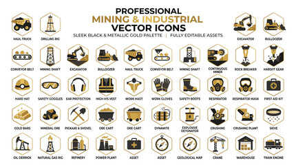 Professional mining and industrial vector icons set, sleek black and metallic gold heavy machinery symbols, 50 editable industrial equipment icons © PixelMark