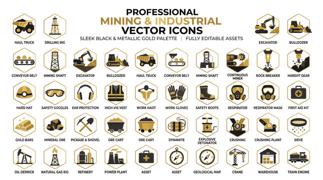 Professional mining and industrial vector icons set, sleek black and metallic gold heavy machinery symbols, 50 editable industrial equipment icons