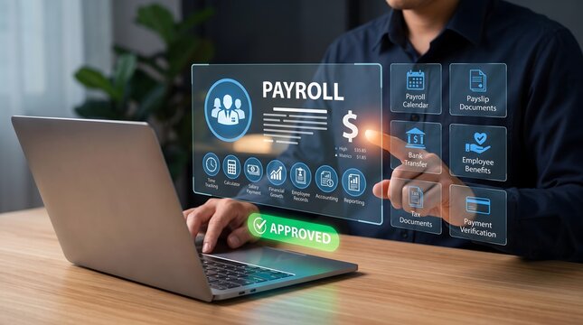 Digital payroll processing software on laptop interface for business HR management and automated employee salary payment