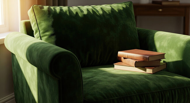 Velvet chair with book pile