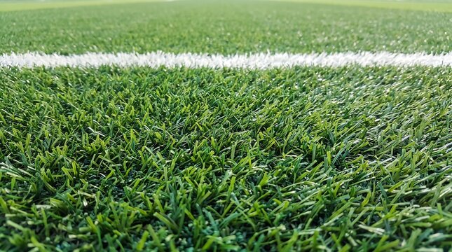 Green artificial turf field with white boundary line for sports