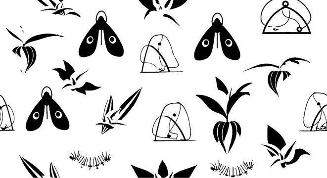 Black and white moth and plant line art illustrations.