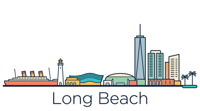 Long Beach skyline minimalist vector illustration with landmark buildings and cruise ship