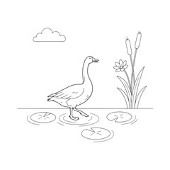 Fototapeta premium Goose With Cattails And Lily Pads Black And White Line Drawing