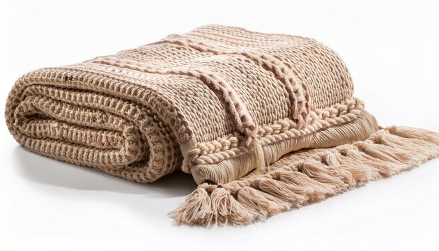 beige knitted throw blanket with fringe isolated on white background